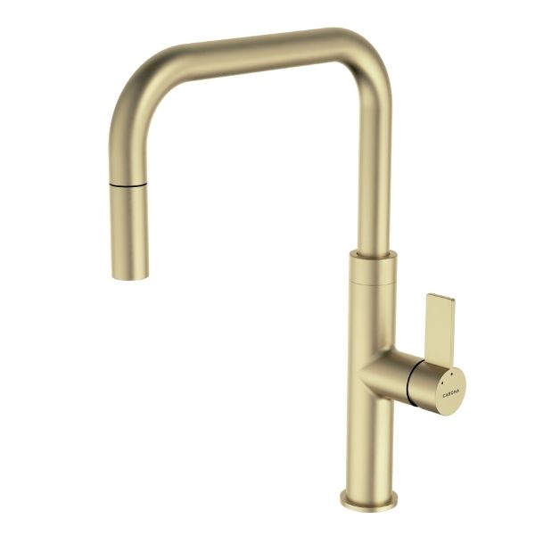 Caroma Urbane II pull out sink mixer in brushed brass, with curved U-shaped spout and side lever handle