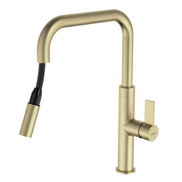 Caroma Urbane II pull out sink mixer in brushed brass, with high curved swivel spout and side lever handle