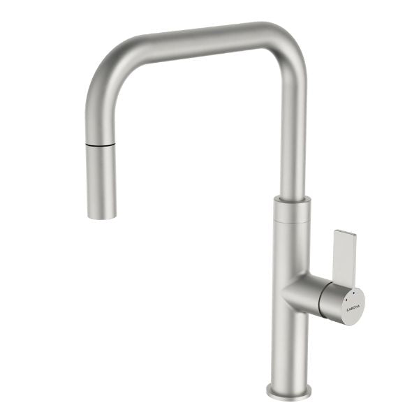 Caroma Urbane II pull out sink mixer in brushed nickel, shown on white background with U-shaped swivel spout and lever handle