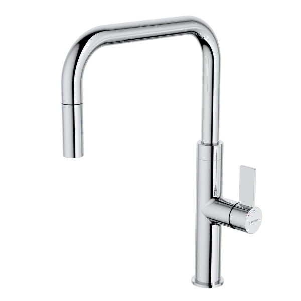 Caroma Urbane II chrome pull out sink mixer with slim curved spout and side lever on white background