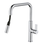 Caroma Urbane II chrome pull out sink mixer with swivel spout and side lever handle, shown on white background