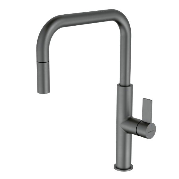 Caroma Urbane II pull out sink mixer in gunmetal, shown front on with tall curved spout and lever handle