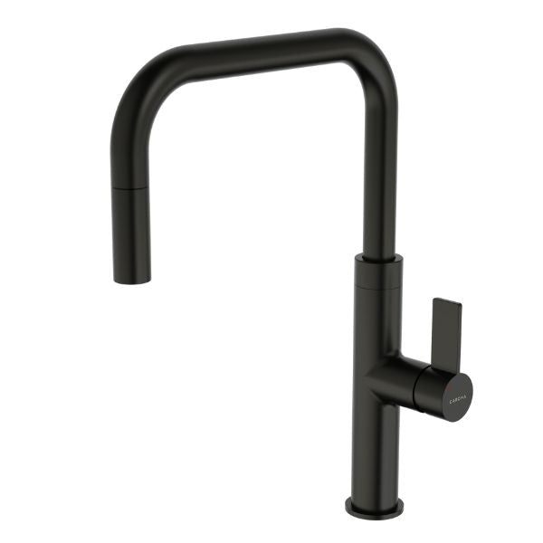 Caroma Urbane II pull out sink mixer in matte black, slim U-shaped kitchen tap with side lever on white background