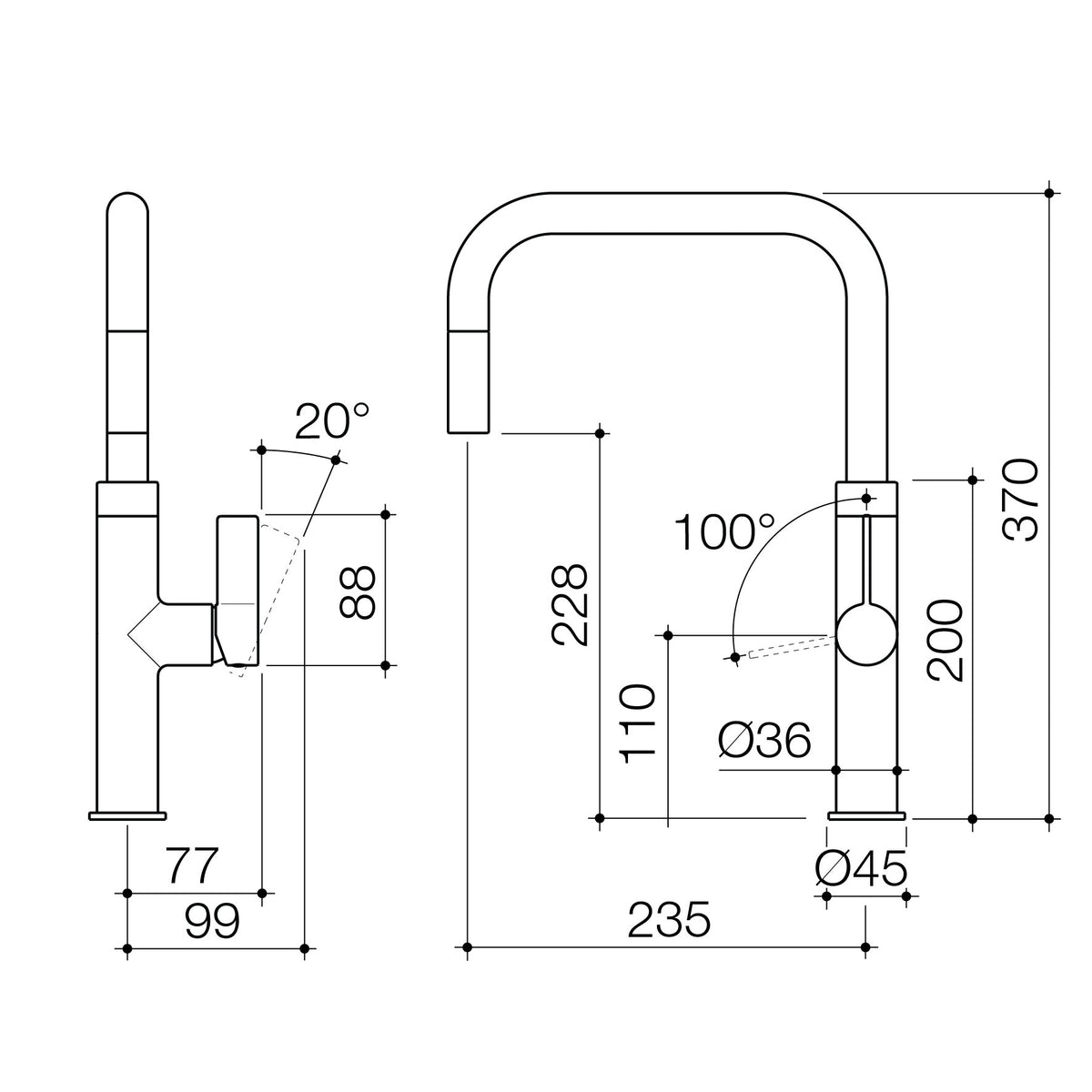 Caroma Urbane II pull out sink mixer technical drawing, side and front views with dimensions, brushed brass finish, 100° swivel arc