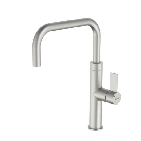 Caroma Urbane II gooseneck sink mixer in brushed nickel, side view on white background
