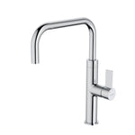 Caroma Urbane II chrome gooseneck sink mixer with swivel spout and side lever handle, front view on white background