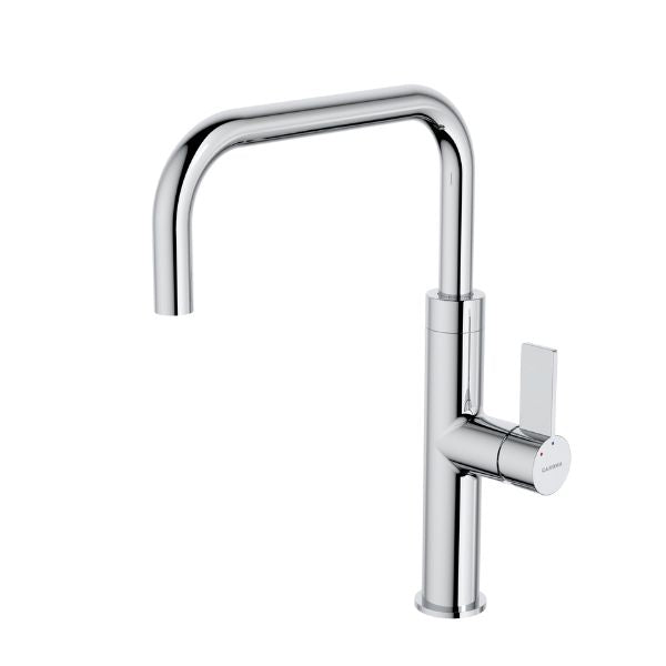 Caroma Urbane II chrome gooseneck sink mixer with swivel spout and side lever handle, front view on white background