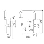 Caroma Urbane II chrome gooseneck sink mixer technical drawing with dimensions and swivel angles