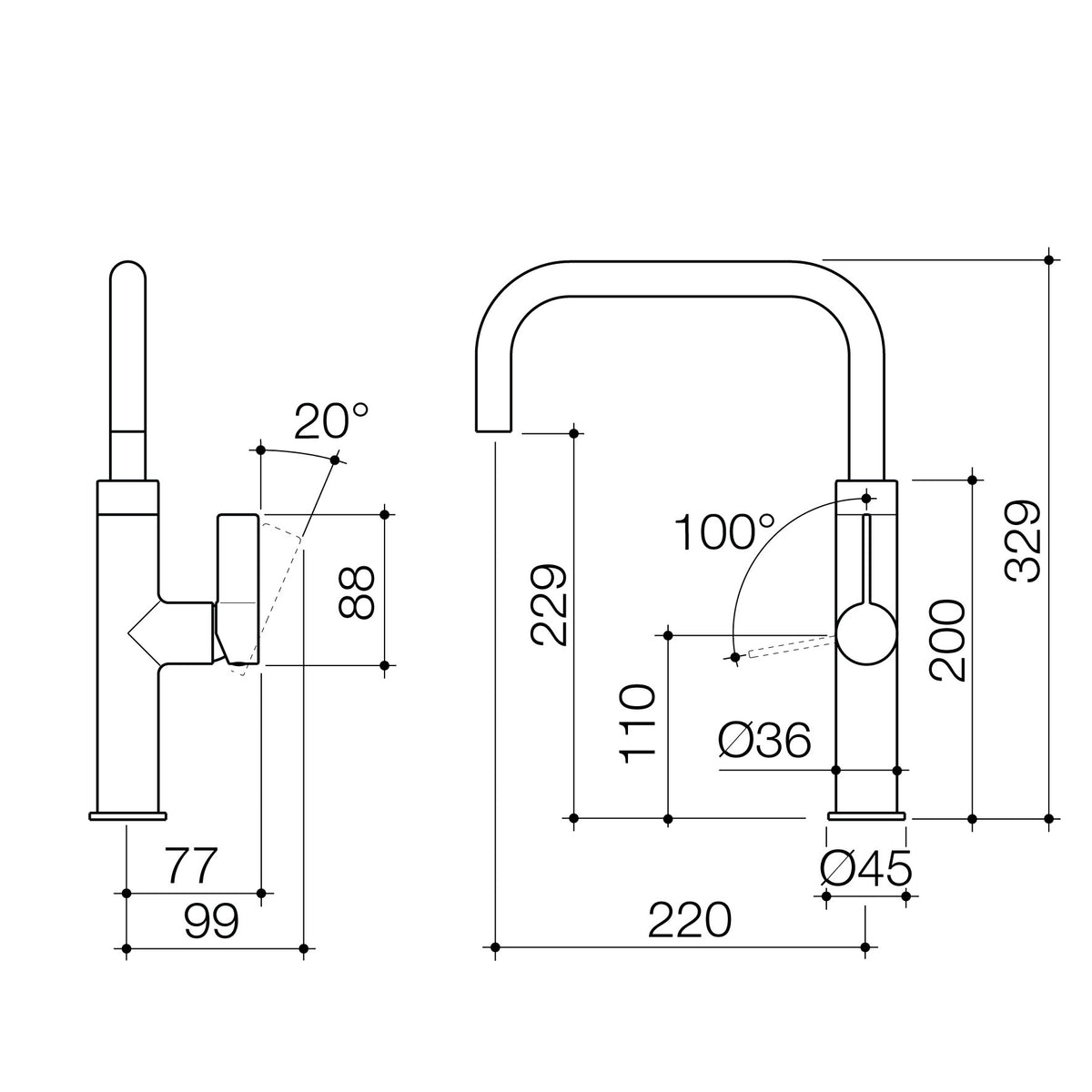 Caroma Urbane II chrome gooseneck sink mixer technical drawing with dimensions and swivel angles