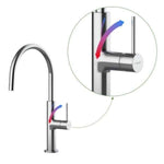 Caroma Liano II chrome gooseneck sink mixer with swivel function and close-up handle detail