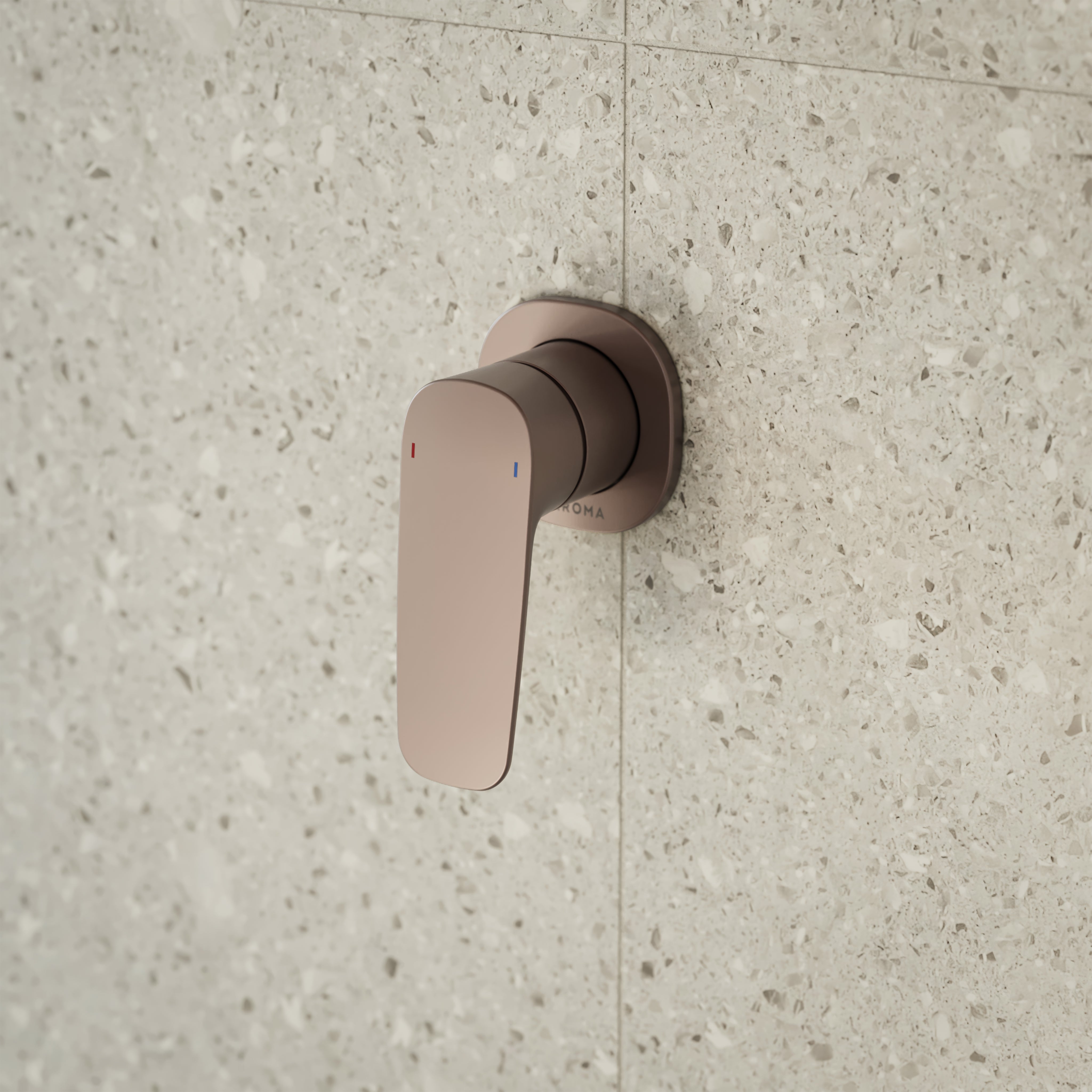 Caroma Contura II wall-mounted bath/shower mixer in brushed bronze, single lever on stone-look bathroom tiles
