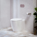 Caroma white wall-faced toilet suite with concealed cistern, flush plate and soft close seat in a tiled bathroom setting