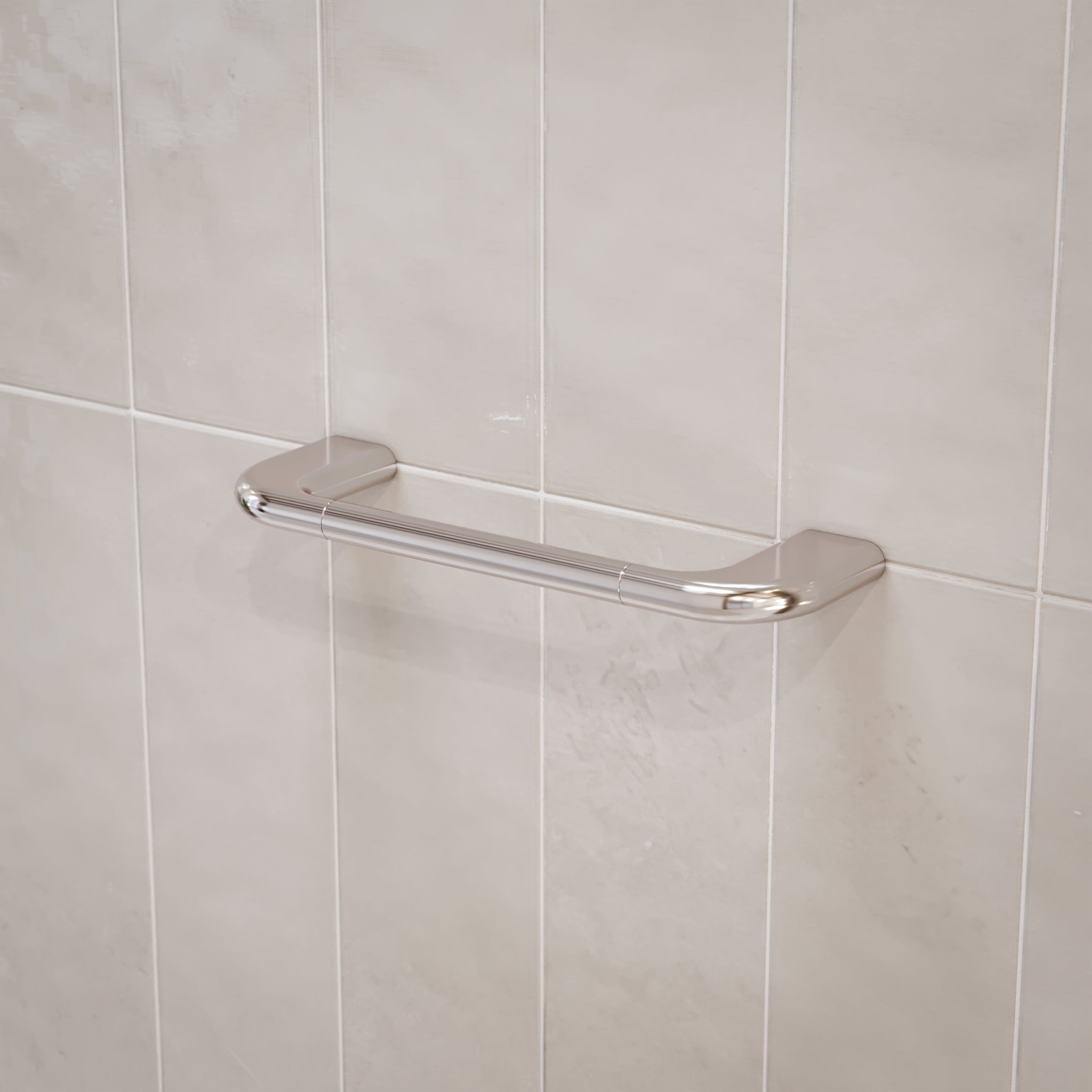 Caroma Contura II chrome hand towel rail on tiled bathroom wall, wall-mounted with smooth rounded ends