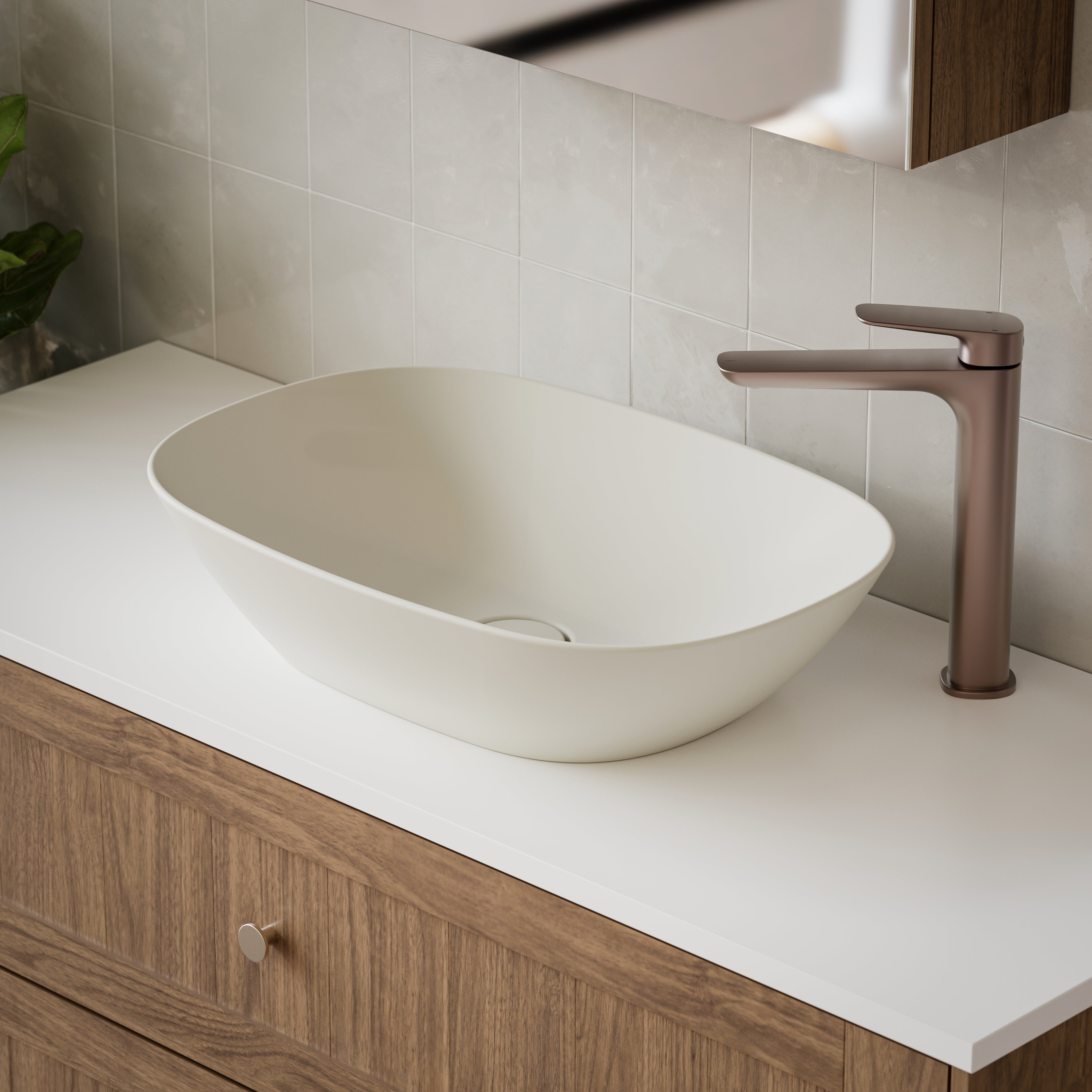 Caroma Contura II above counter basin in matte clay finish, shown on a bathroom vanity with tapware