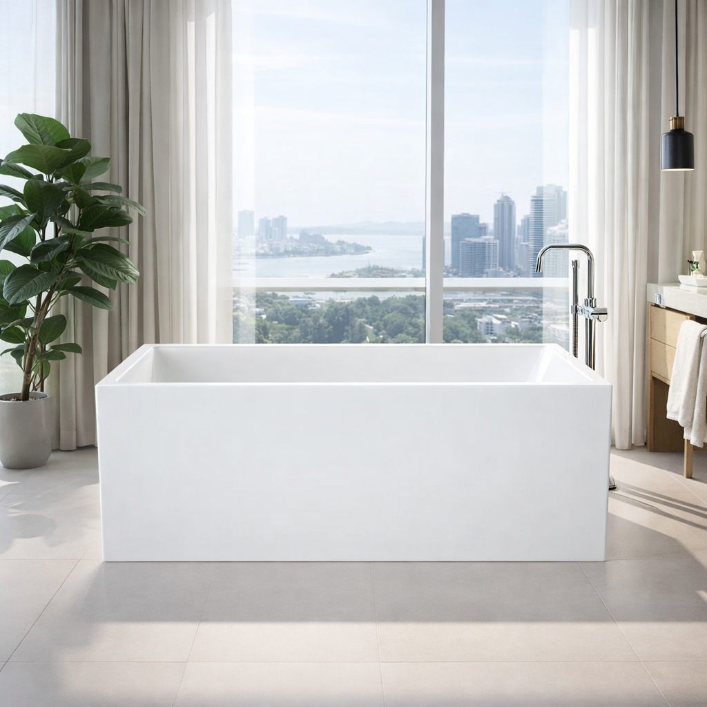 Caroma Liano freestanding bath in white, rectangular design, shown in a modern bathroom setting