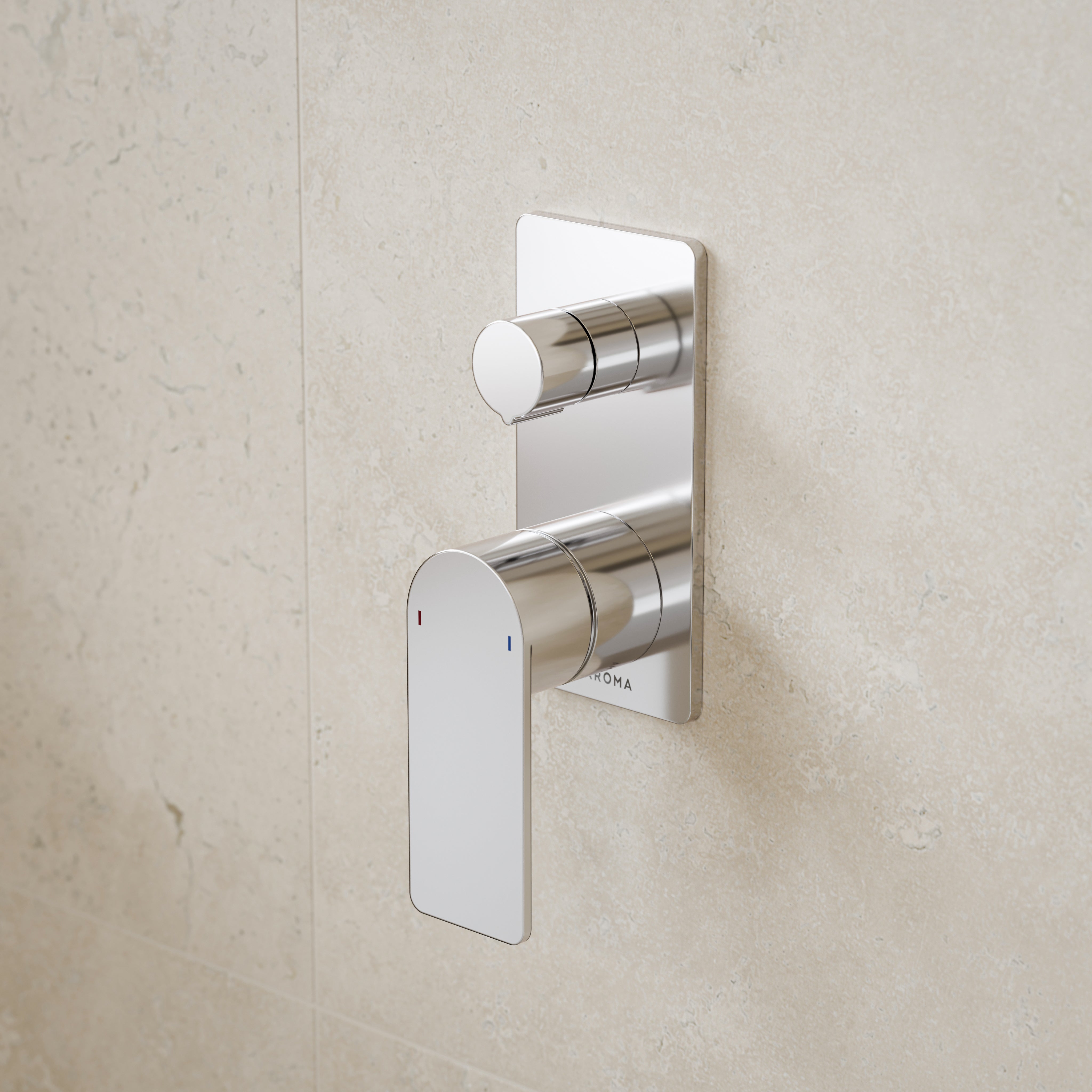 Caroma Urbane II wall-mounted bath/shower mixer with diverter, chrome, rectangular plate and lever handle on tiled wall