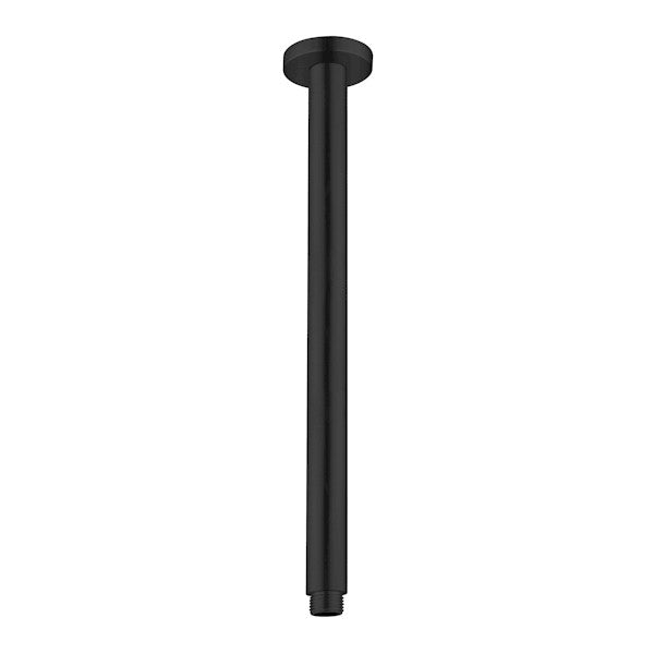 Nero round ceiling shower arm, 300mm, matte black finish, shown front on against white background