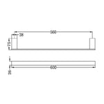 Technical drawing of Nero Celia 600mm single towel rail in matte black, with dimensions and side view