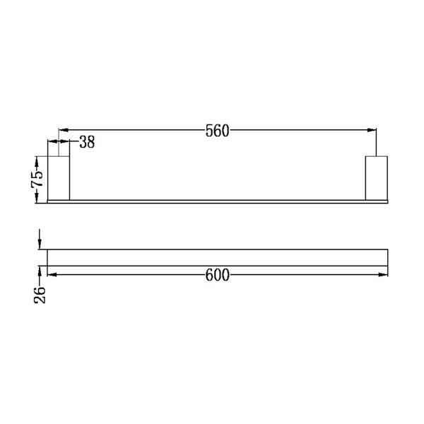 Technical drawing of Nero Celia 600mm single towel rail in matte black, with dimensions and side view
