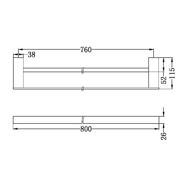 Technical drawing of Nero Celia double towel rail, matte black, showing 800mm width and dimensions.