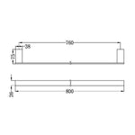 Technical line drawing of Nero Celia single towel rail, matte black, showing 800mm width and mounting dimensions