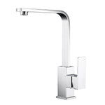 Nero Celia chrome kitchen mixer tap with long gooseneck spout and square lever handle, front view