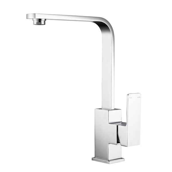 Nero Celia chrome kitchen mixer tap with long gooseneck spout and square lever handle, front view