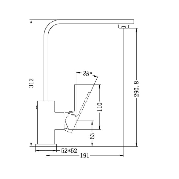 Nero Celia chrome gooseneck kitchen mixer technical drawing with dimensions and side view