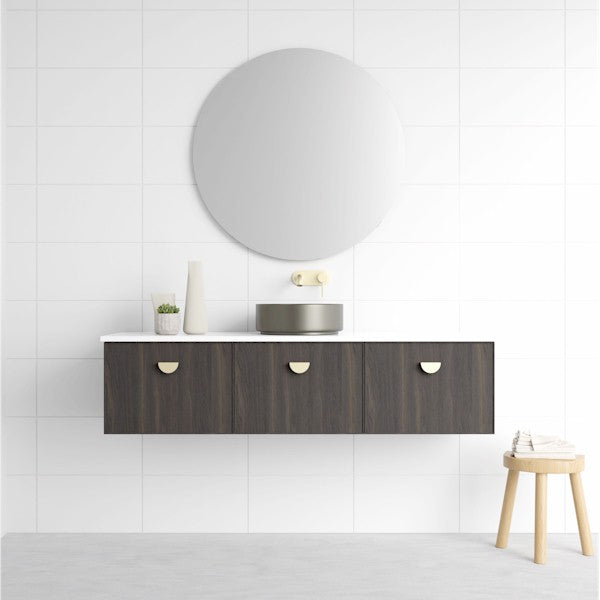 Marquis Chifley wall hung vanity in dark woodgrain finish with three drawers, white benchtop and round basin, front view