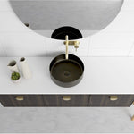 Marquis Chifley wall hung vanity with dark woodgrain drawers, white benchtop, round above-counter basin and brushed brass tapware, front view