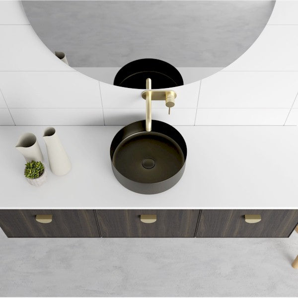 Marquis Chifley wall hung vanity with dark woodgrain drawers, white benchtop, round above-counter basin and brushed brass tapware, front view