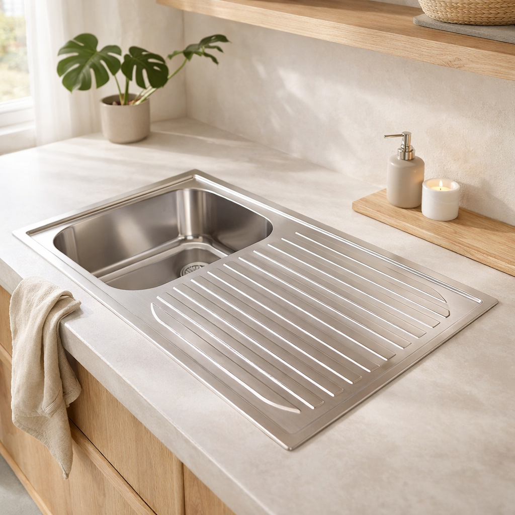 Clark Monaco stainless steel single bowl inset kitchen sink with drainer tray in a light modern benchtop setting