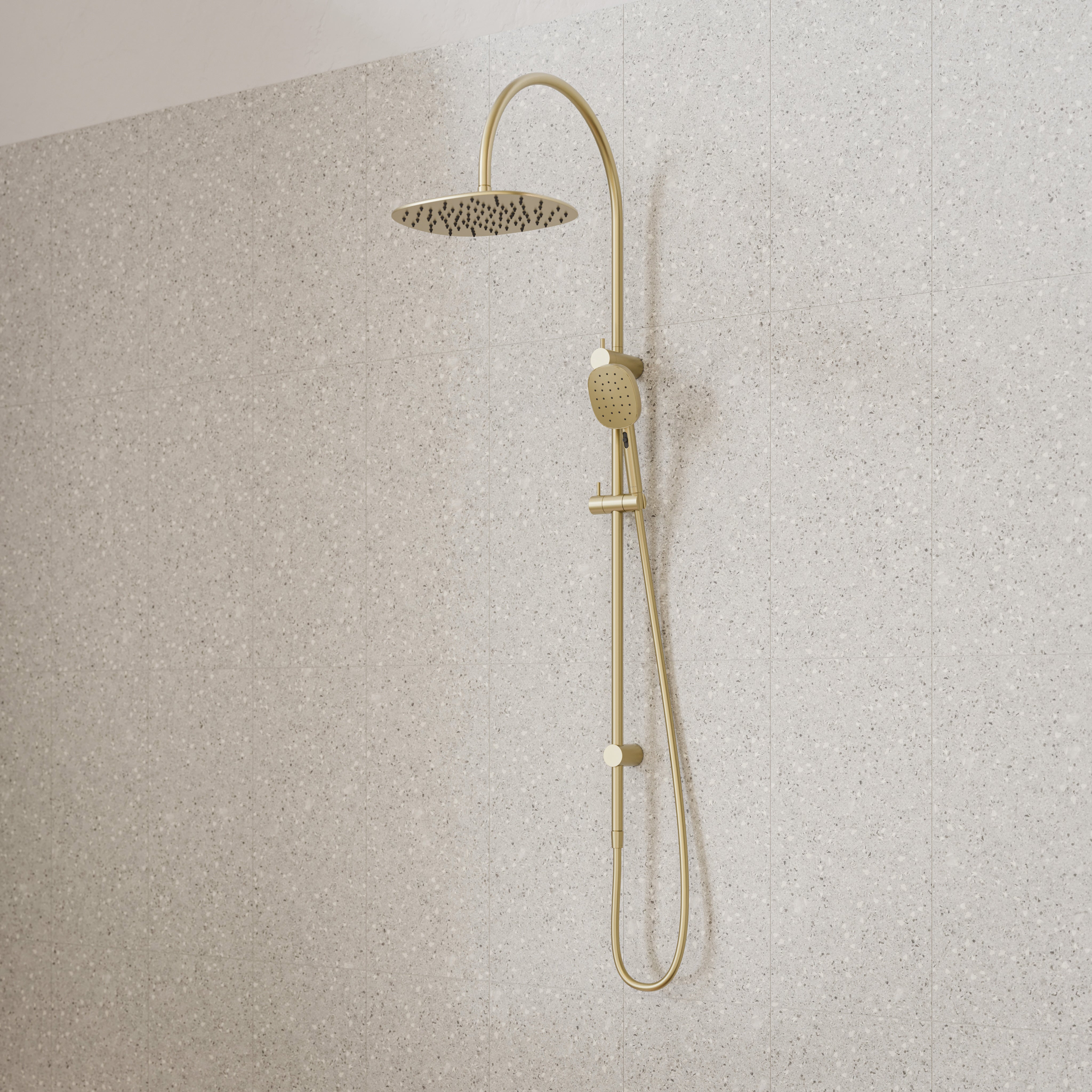 Caroma Contura II twin rail shower in brushed brass, with overhead rose and handheld shower on a wall-mounted rail