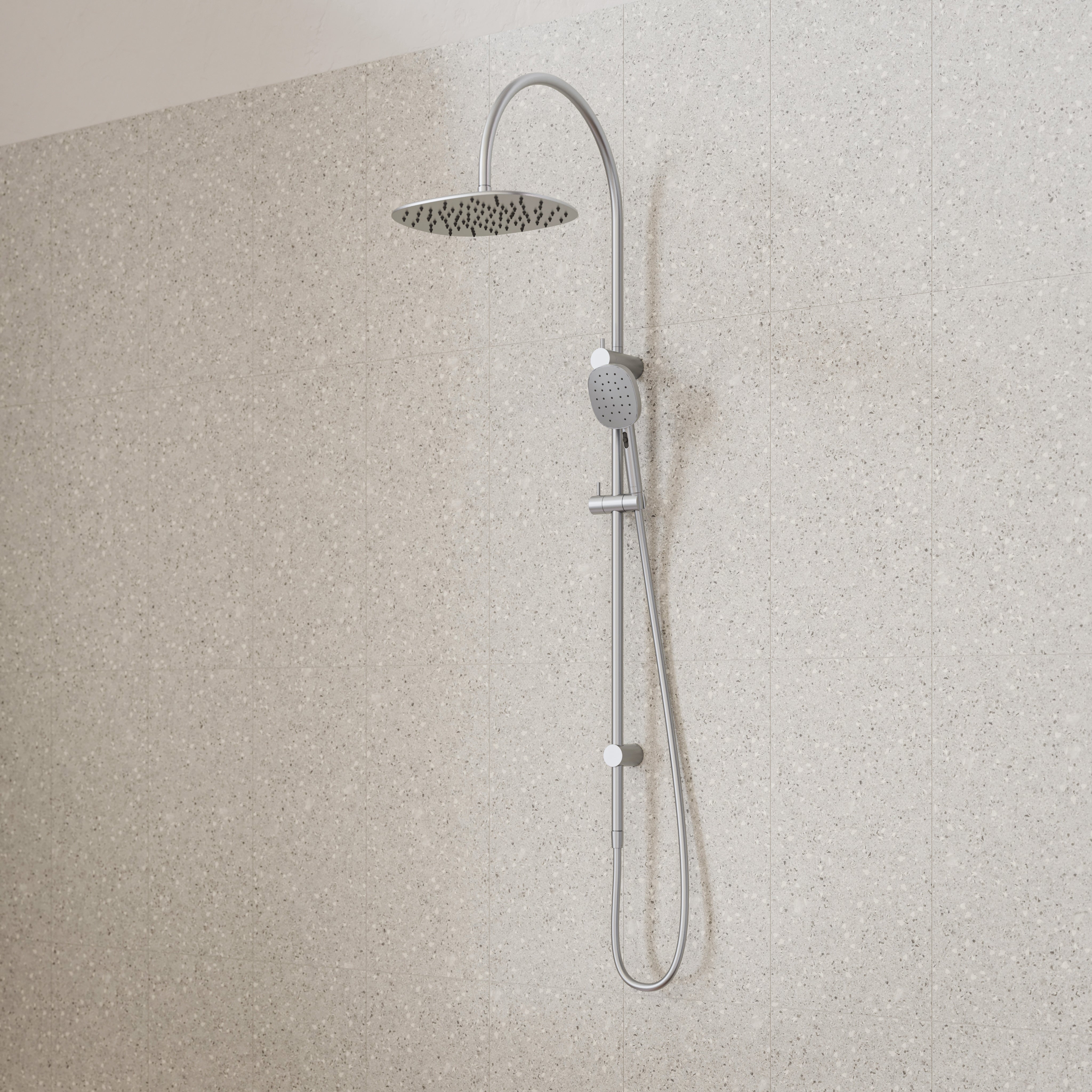 Caroma Contura II brushed nickel twin rail shower with overhead, wall mounted on tiled bathroom wall