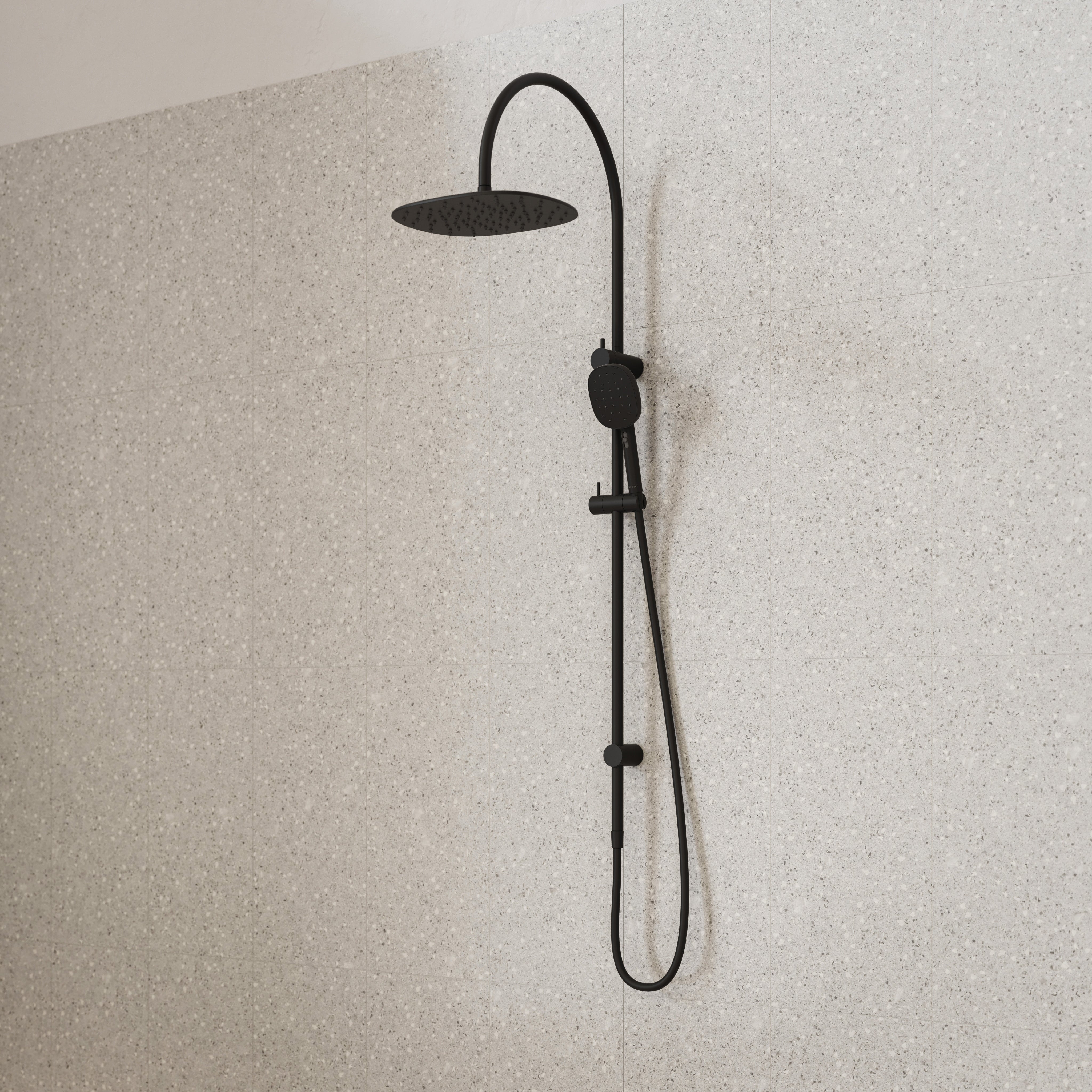 Caroma Contura II twin rail shower in matte black, with overhead rose and hand shower on wall-mounted rail