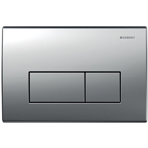 Geberit Kappa 50 dual flush plate in satin chrome, rectangular concealed toilet button with two flush buttons