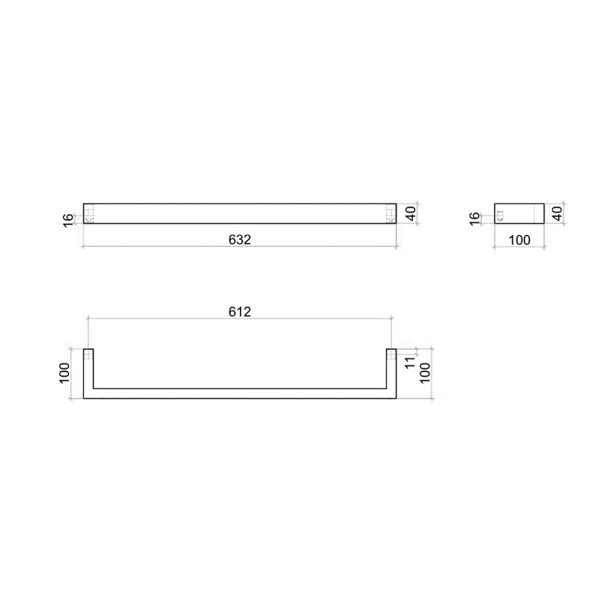 Technical drawing of Thermogroup 12V single heated towel rail, matte black, showing 632mm length and 40mm height/100mm depth