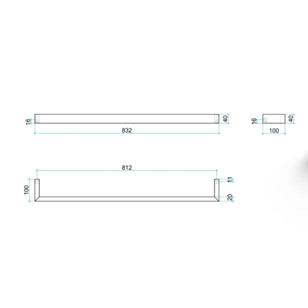 Technical drawing of Thermogroup square single bar heated towel rail, showing 832mm width and 100mm depth dimensions