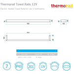 Thermorail Square heated single towel rail technical drawing in matte black, 832mm wide, showing dimensions and 12V details