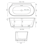 Decina Aurora back to wall bath technical drawing in white, showing oval 1500/1700mm dimensions and overflow detail