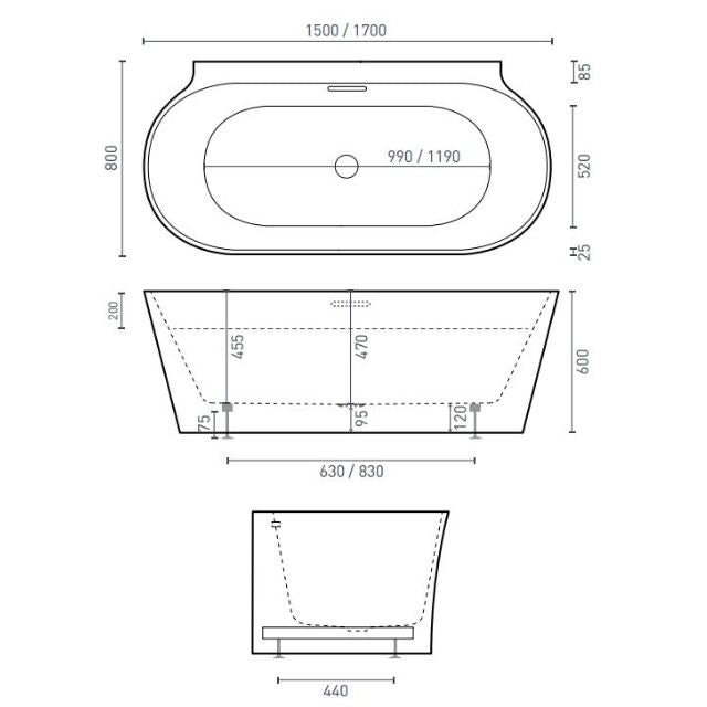 Decina Aurora back to wall bath technical drawing in white, showing oval 1500/1700mm dimensions and overflow detail