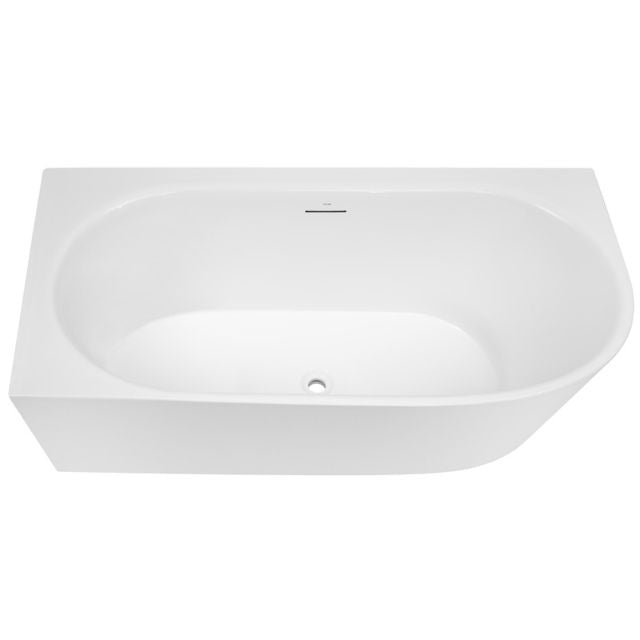 Decina Natalia white acrylic back-to-wall corner bath, right corner view, oval interior with integrated overflow notch