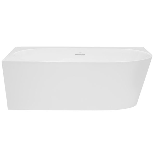 Decina Natalia white acrylic back-to-wall corner bath with integrated overflow, front view