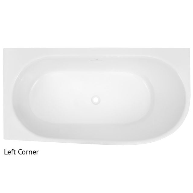 Decina Natalia white acrylic back-to-wall corner bath, left corner view, oval shape with integrated overflow