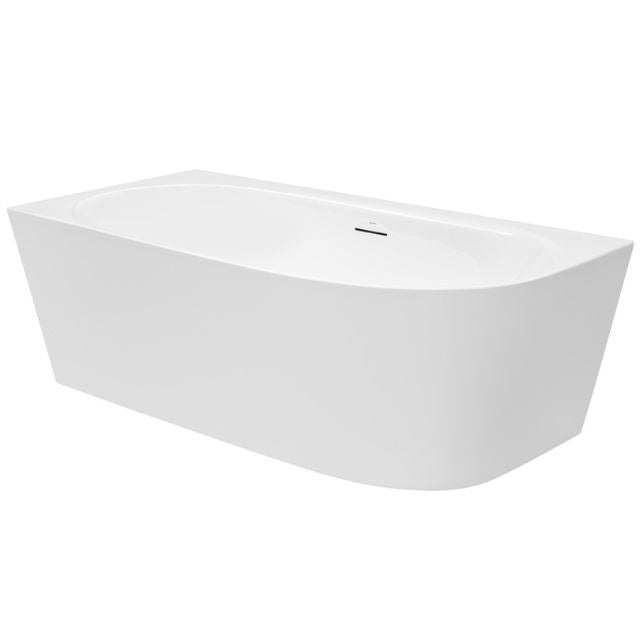 Decina Natalia white back-to-wall corner bath, oval freestanding style with integrated overflow, front view