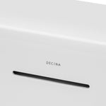 Decina Natalia white acrylic bath side detail with integrated overflow slot and Decina logo