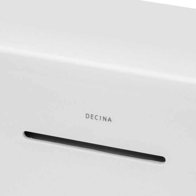 Decina Natalia white acrylic bath side detail with integrated overflow slot and Decina logo