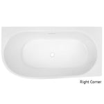 Decina Natalia white corner bath, right corner view, oval back-to-wall acrylic bath with integrated overflow and centre waste hole