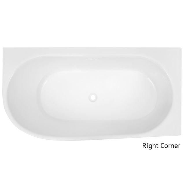 Decina Natalia white corner bath, right corner view, oval back-to-wall acrylic bath with integrated overflow and centre waste hole