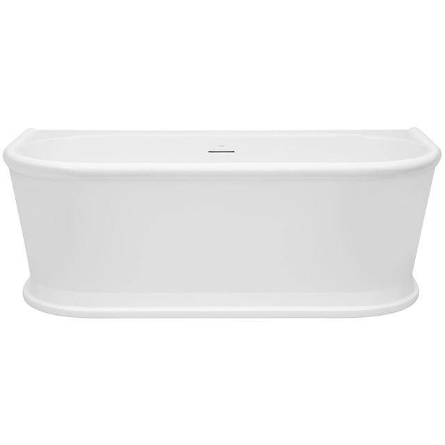 Decina Oxford white gloss back-to-wall freestanding bath with overflow, front view, oval acrylic tub
